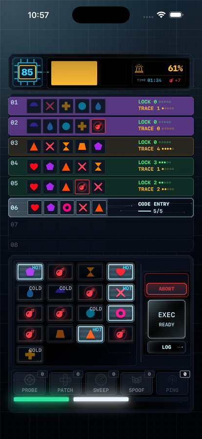 iPhone gameplay screen with five completed symbol guesses, LOCK and TRACE results, ICE symbols, and a 61 percent alarm.