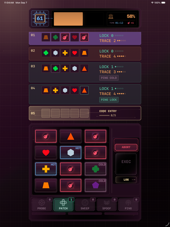 iPad portrait gameplay with four completed guesses, LOCK and TRACE clues, ICE symbols, and the symbol grid below.