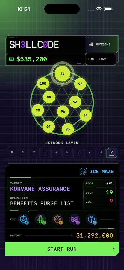 iPhone campaign screen showing missions 91 through 100 and the selected mission 91 ICE Maze contract.