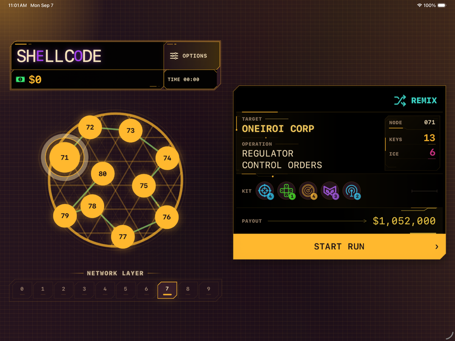 iPad landscape campaign screen with missions 71 through 80 on the left and a Remix contract on the right.