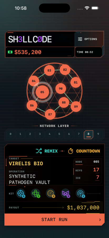 iPhone campaign screen showing mission 85 with Remix and Countdown conditions, its tool kit, ICE count, and payout.