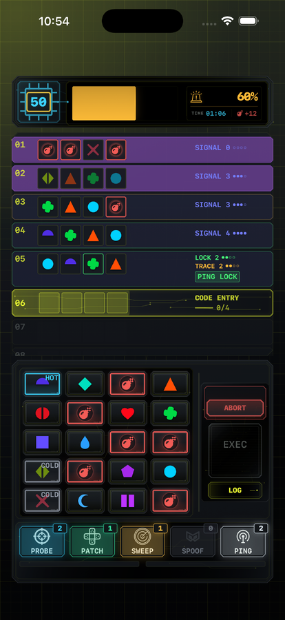 iPhone gameplay screen with five evidence rows, ICE hazards, and several limited-use tools available.
