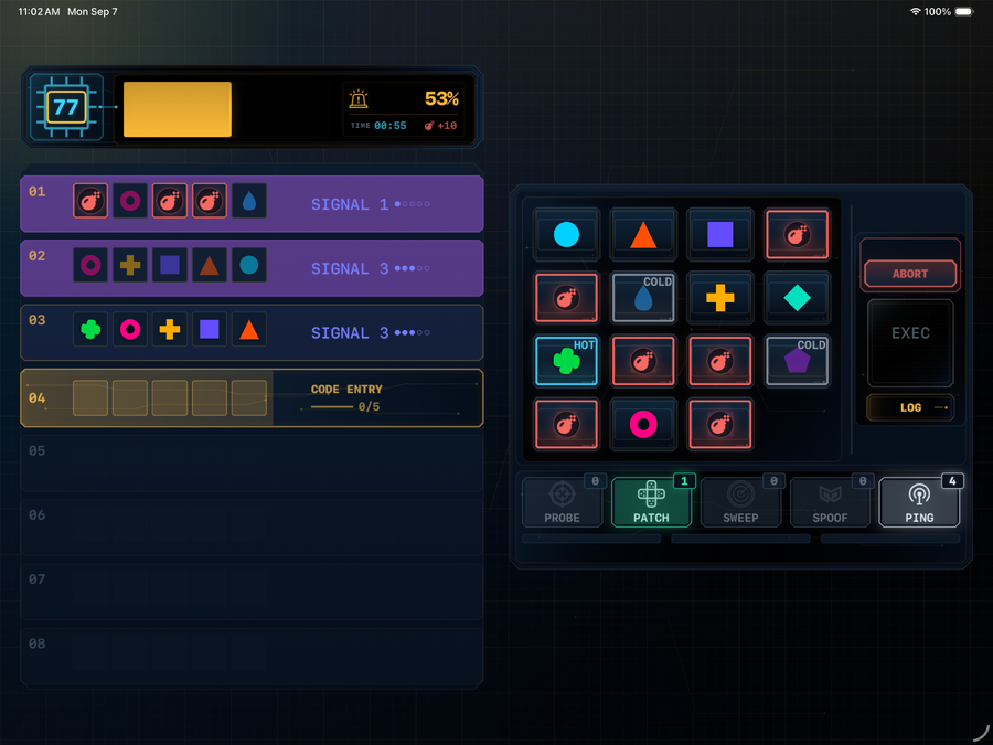 iPad landscape gameplay with three completed guesses on the left and the symbol grid and tools on the right.