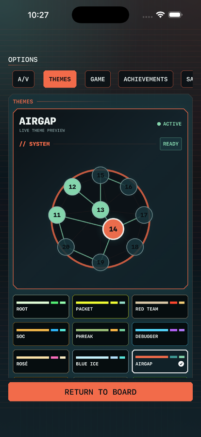 iPhone Themes screen with the Airgap theme active and a grid of alternative color palettes.